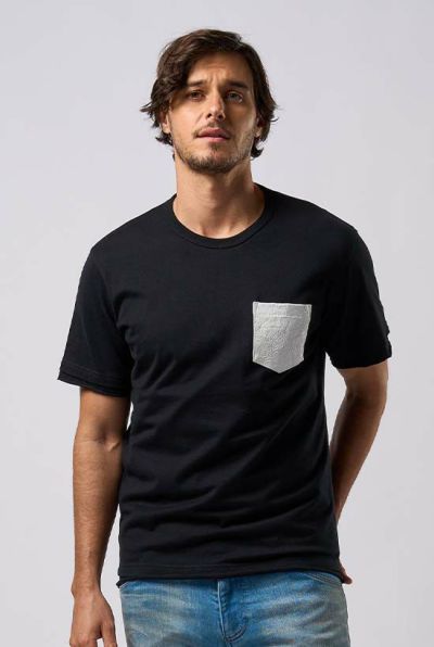 crash leather pocket Tee ［black × white］